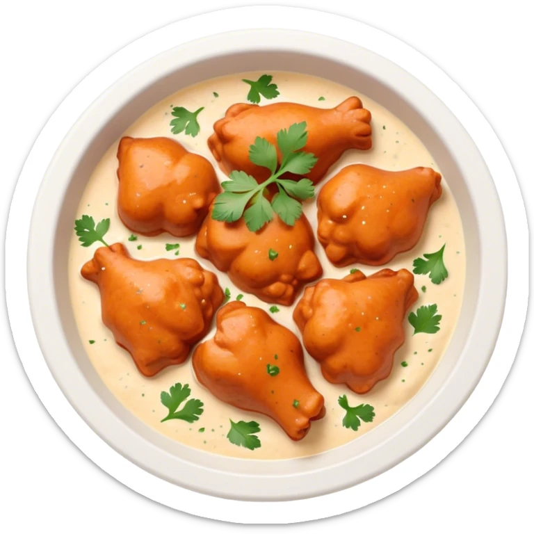 Butter Chicken Cinematic Realistic Butter Chicken Dish Emoji, depicted as tender chicken pieces sliced up and bathed in a creamy white sauce garnished with fresh cilantro, rendered with rich textures and vibrant, appetizing lighting. sticker