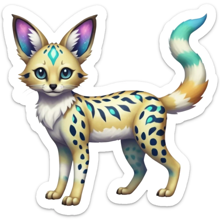 Rare iridescent white exotic epic aesthetic colorful Trico-Eevee-Serval-Genet-Civet-species-Fakemon-hybrid-creature, with intricate tattoo markings, full body sticker