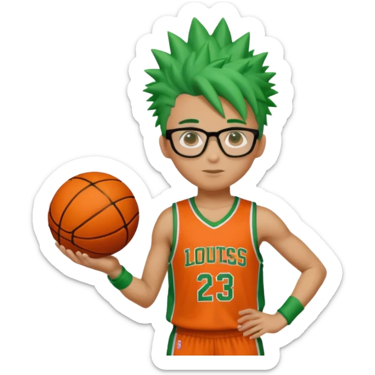 Green-Haired Athlete – Green spiky hair, orange basketball uniform, glasses, holding ball.


 sticker