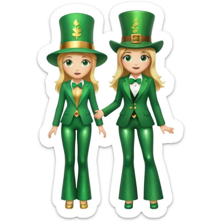 Blonde haired girl in glittery green bell bottoms and tall leprechaun hat and blazer sticker