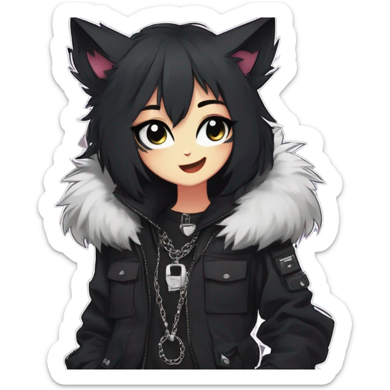 Gorgeous furry gothic dark techwear anime style anthro black cat furry sona Fakemon with blushing face aesthetic and pretty edgy black with collar and harness trending style chains cargo pants tomboy sticker