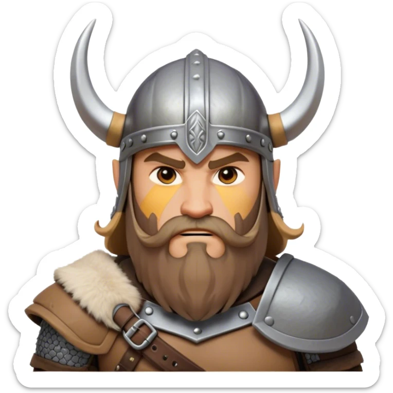 Clash of Clans aesthetic: Cinematic Fierce Viking Portrait Emoji, Poised and bold with a rugged yet stylized build, wearing a simple horned helmet and sporting a neatly trimmed beard, his face rendered in a natural skin tone, intense eyes reflecting fierce determination, Simplified yet dynamic features, highly detailed, glowing with a cool, battle-ready radiance, high shine, brave and resolute, stylized with an air of ancient Nordic valor, focused and commanding, soft glowing outline, capturing the essence of a fearless Viking adventurer ready to set sail on epic quests! sticker