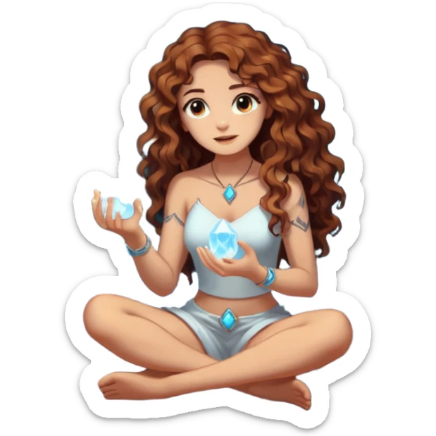 full body woman long curly brown hair brown eyes white skin tattoos sitting inside crystal cave opening, touching glowing quartz sticker