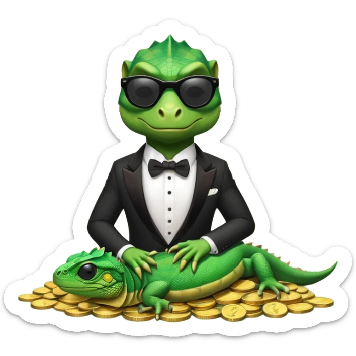 capitalist iguana banker in tuxedo and black sunglasses lying comfortly on coins sticker