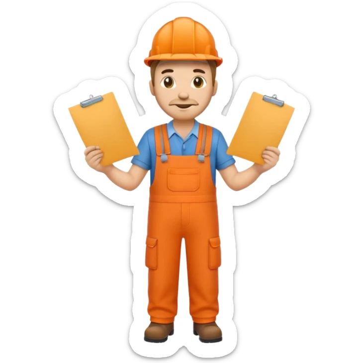 emoji style railway engineer full body in orange overalls, carrying one piece of paper with both hands in front of him sticker