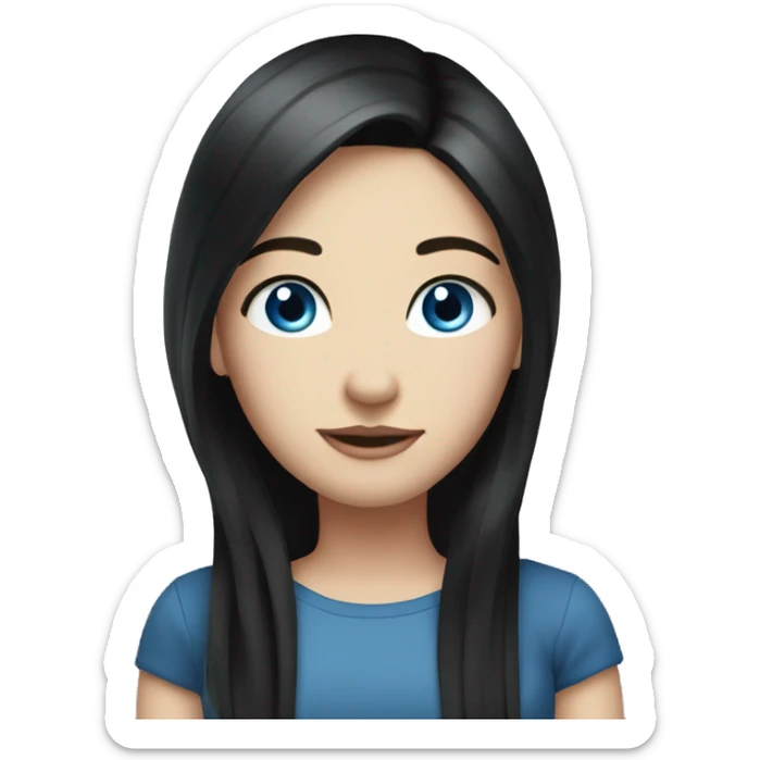 a girl with fair skin, straight long black hair, blue eyes, standing, very beautiful, very attractive sticker