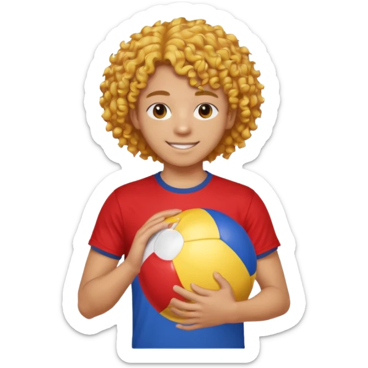 una persona de 18 años marron clarito con el pelo amrillo rizado con una camiseta roja y azul con un logo circular dorado y levantando un balon de playa sticker