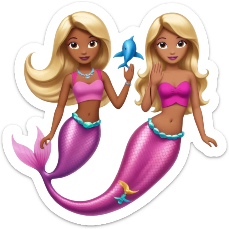 Brown skin blonde hair barbie mermaid with pink tail and dolphin  sticker