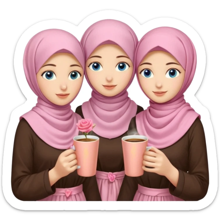 Turkish beautiful finish Konya three girls blue eyes with pink rose and turkis butter yellow hijab islamic dress and had on her hand turkish coffee   sticker
