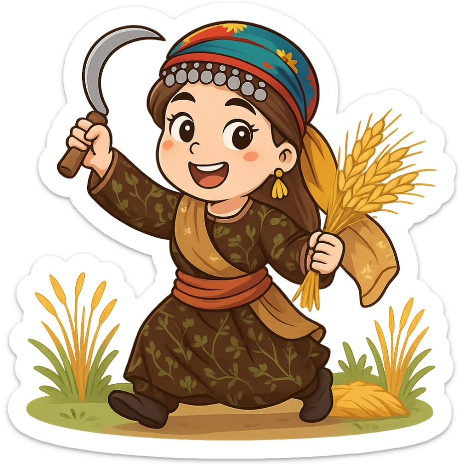 Kurdish cartoon sticker of the same woman in the new dress, working in a farm, holding a sickle or watering plants, energetic, no text, transparent background sticker