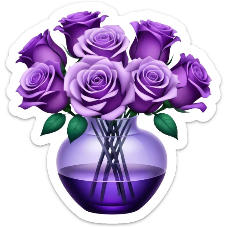 "A bouquet of purple roses in shades from soft lavender to deep violet, arranged in a translucent glass vase with subtle reflections."
 sticker