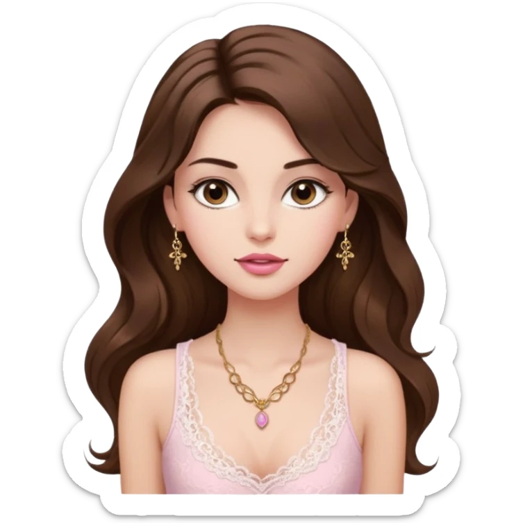 fair-skinned girl with dark brown, slim shaped eyes and long lashes. long, brown hair styled in a voluminous, wavy blowout. wearing a delicate white lace tank top and a dainty gold necklace, plump pink lips. sticker