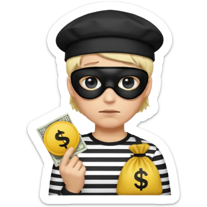 Realistic ios emoji-style portrait of a classic burglar, a black eye mask and a black-and-white striped shirt. emoji-like hair, black hat, a bag of money 💰 with a dollar sign in a right corner, mean expression  sticker