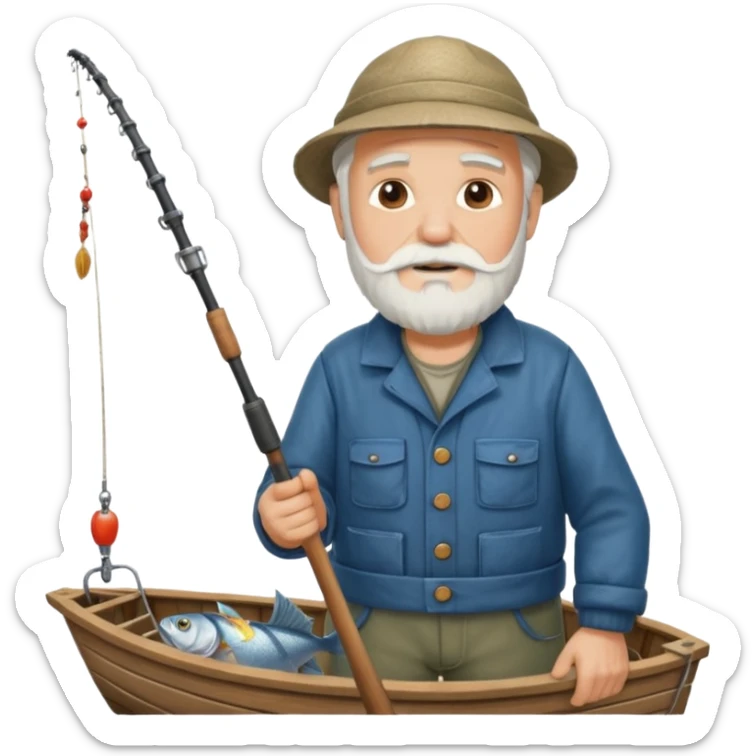 an old white haired, bearded man in fisherman attire, stood in a boat at sea, holding a fishing rod and catching fish with it. sticker