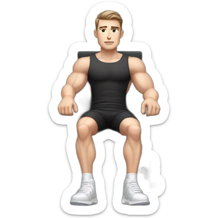 Pale skinned Fit Man With the biceps and dark brown hair in black shirt, gray sports shorts and white Sneakers Sitting on a chair sticker
