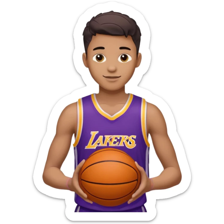 generate an ios genmoji of a handsome dark 20 year old in a purple lakers basketball jersey, basketball in hand, smirking sticker