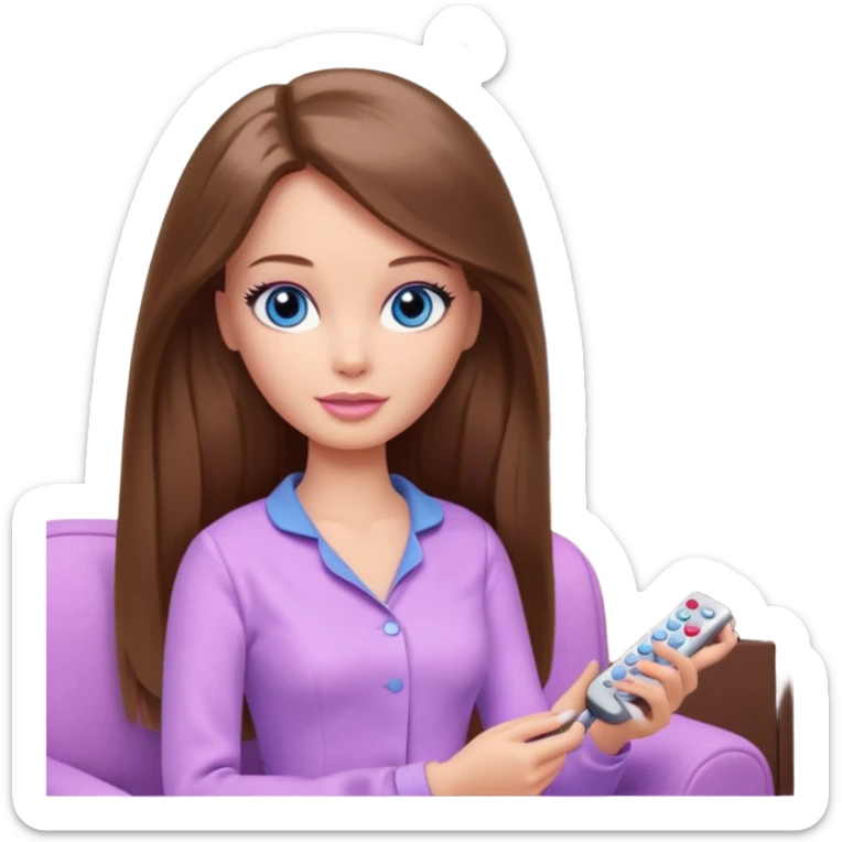 beautiful barbie girl with long brown hair, blue eyes and wearing light purple clothes watching tv shows sticker