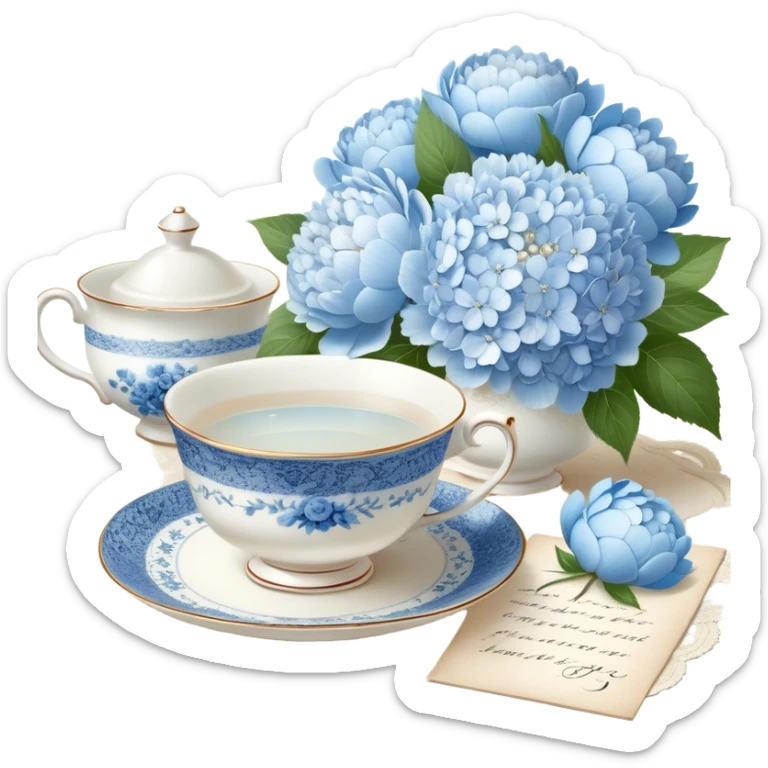 A serene still life of a vintage porcelain teacup with delicate blue floral patterns, resting on a lace tablecloth, accompanied by a handwritten love letter tied with a pearl ribbon and surrounded by white peonies and pale blue hydrangeas. sticker