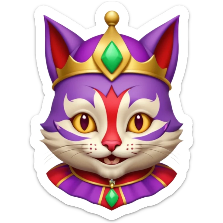crazy colorful cute little cat jolly joker from poker, medieval, vintage, court jester, mac os icon, purple, gold and red color, half body sticker