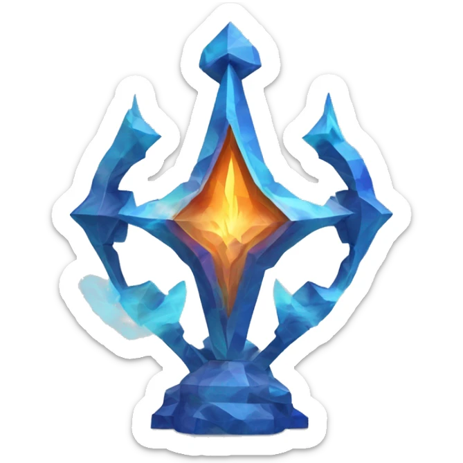 A Sagittarius symbol sculpture with a geometric, faceted design. The symbol is standing upright with angular and baroque features. The vibrant blue flame colors highlights the sharp edges and planes. sticker