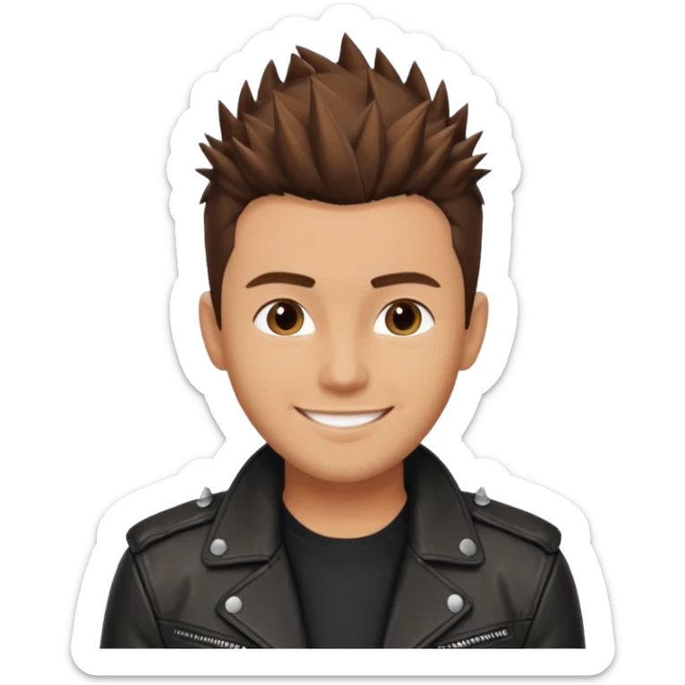 man in his 30s, short spiky brown hair, wearing a leather jacket, smiling sticker