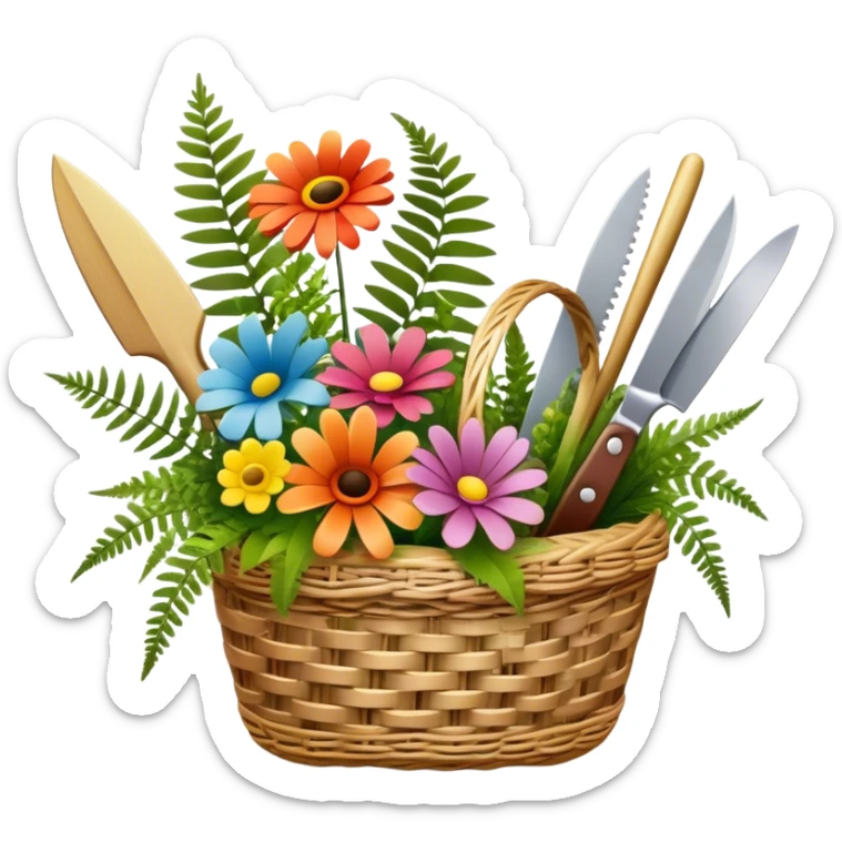 Icon for Floristry: a woven basket with flowers, reeds, ferns, bright ribbons and a small plush toy. Add big garden scissors and knife. The icon should represent creativity in flower arrangement and decorative design. Transparent background. sticker