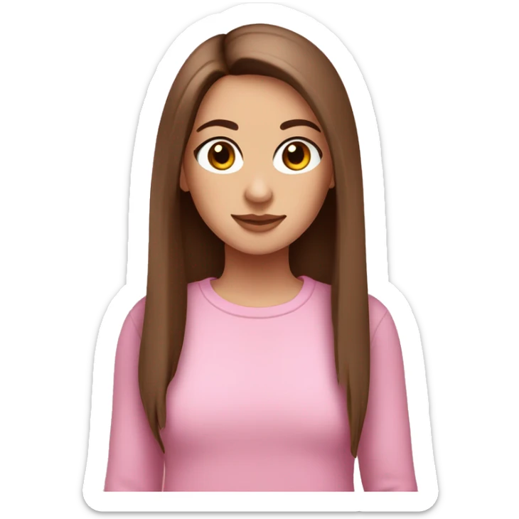 white girl with straight brown hair and brown eyes wearing a pink jumper with ling eyelashes sticker