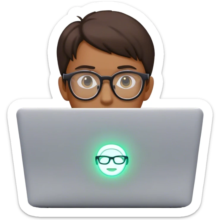 An emoji of a person with a laptop wearing glasses and with a slight neon glow sticker