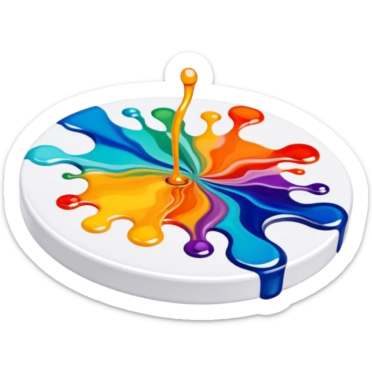 Epoxy resin art icon, tubes of epoxy resin, visible mixing tools, colorful resin pouring onto a surface, creating intricate patterns or designs, such as abstract art or coasters, minimalistic style, clean lines, transparent background. sticker