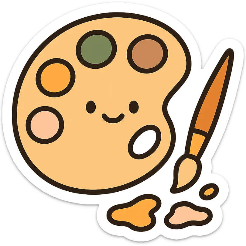 A cute and charming artist’s paint palette with dabs of paint in a warm, cozy color scheme: golden orange (FA9B41), deep forest green (4A7C5C), muted taupe brown (96775A), and pastel peach (FFCC9A). The wooden palette has a soft, rounded shape with a smooth finish, and the paint blobs are arranged neatly like little candy drops. Some splashes of color are playfully smeared nearby, and a tiny paintbrush rests beside the palette. The overall mood is light, artistic, and whimsical, with soft lighting and a gentle, creative atmosphere — perfect for a dreamy, storybook-style illustration. sticker