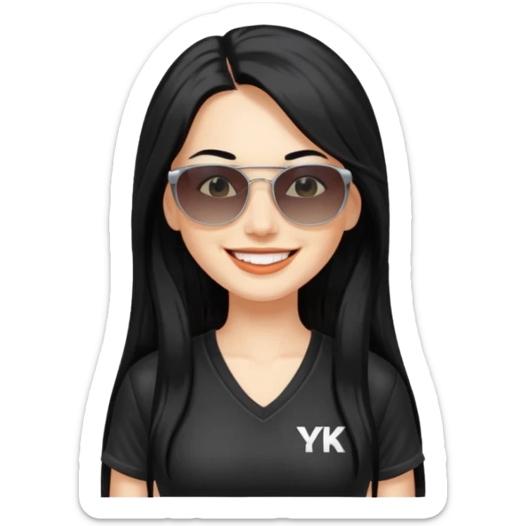 white adult woman in a y2k outfit, long black hair, with sunglasses sticker