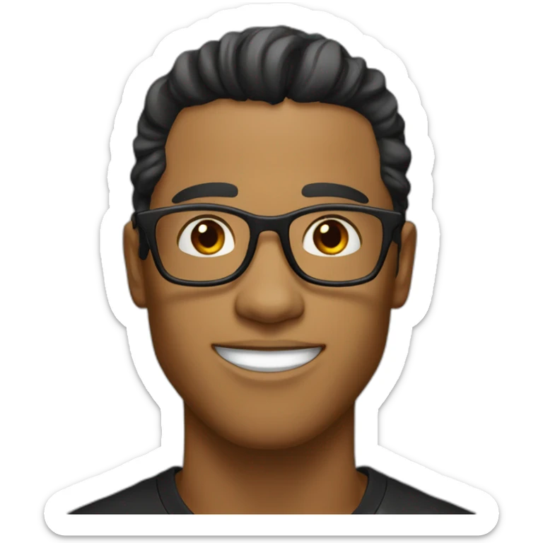 Caramel guy, black eyes, black long wavy hair, no facial hair, thin long nose, round glasses, black t shirt sticker