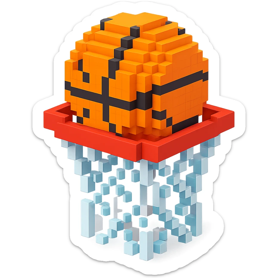 A voxel-style basketball in a net, colorful and vibrant sticker