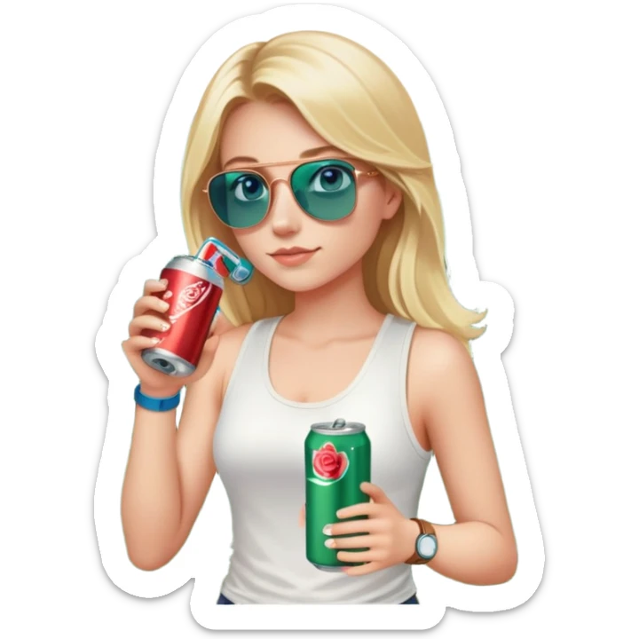 girl with long blond hair
with blue eyes
and aviator sunglasses
wearing white tank top 
holding a soda can
wearing (rose gold apple watch with forest green band) sticker