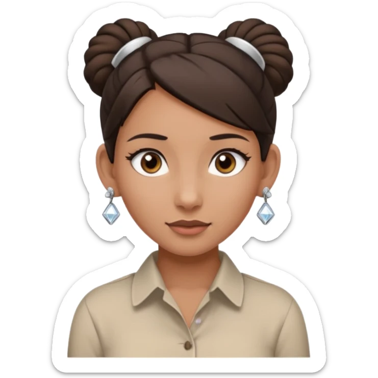 generate a pretty bratz girl with dark brown eyes. Dark brown hair tied in a single bun, tight beige button up shirt with top shirt open. diamond studs in ears. airpods in ear sticker