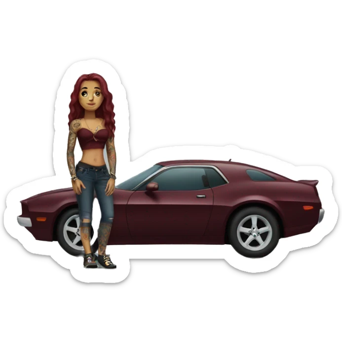Beautiful tattooed burgundy long haired woman standing next to a car sticker