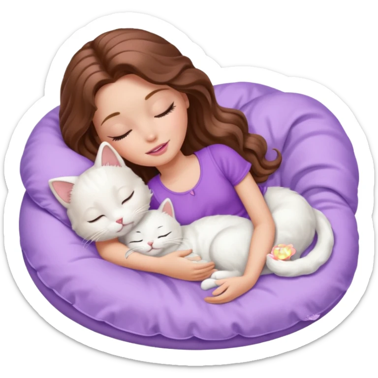 White Barbie girl  Chestnut Chestnut brown long wavy hair sleeping with white kitty at lavander bed sticker