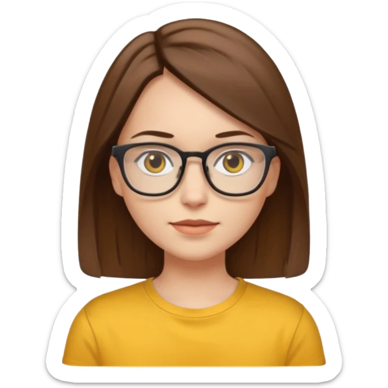 Hawaii female with white skin. Shoulder length straight brown hair. Brown eyes with glasses. Female wearing yellow shirt. sticker