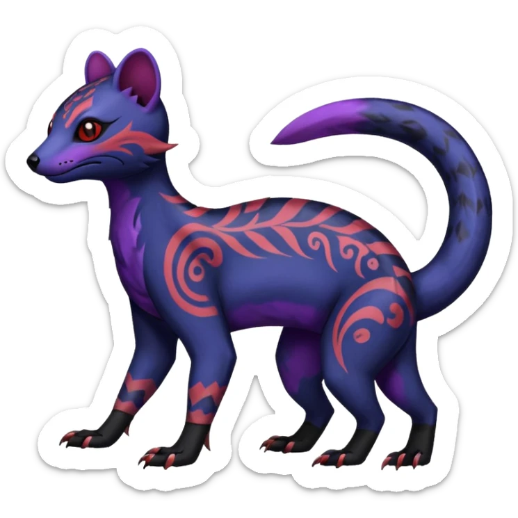 Rare warm-colored exotic gloomy tropical edgy cute epic aesthetic spooky indigo violet purple black red gothic colorful Salandit-Civet-species-Fakemon-hybrid-creature, with tribal tattoo markings, full body sticker