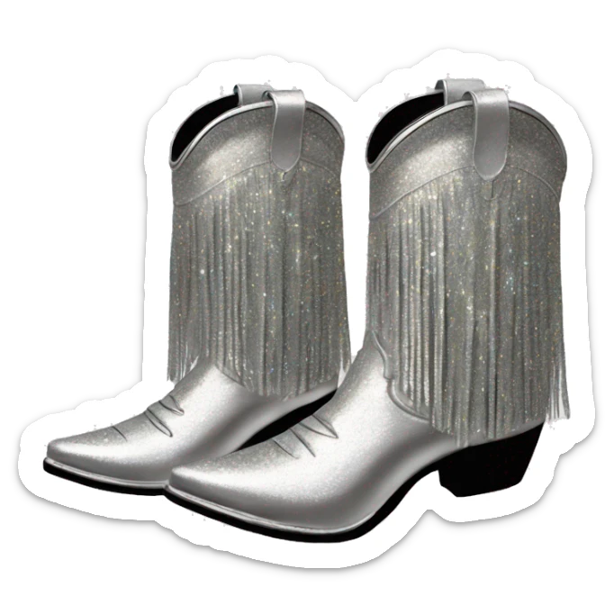 Realistic silver colored fashion cowgirl boots with sparkly shiny glitter fringe on them. sticker