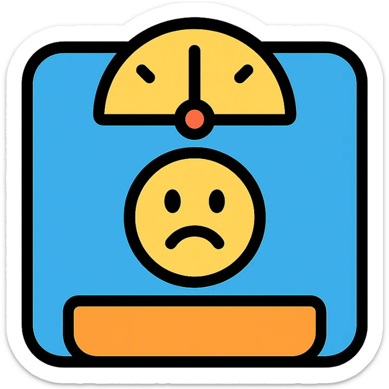 colorful icon of a bathroom scale with a frowning emoji on the screen sticker