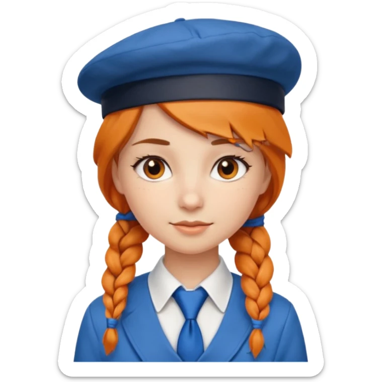 orange braided hair girl, wearing white shirt, Blue Necktie, and a brown berret Hat sticker