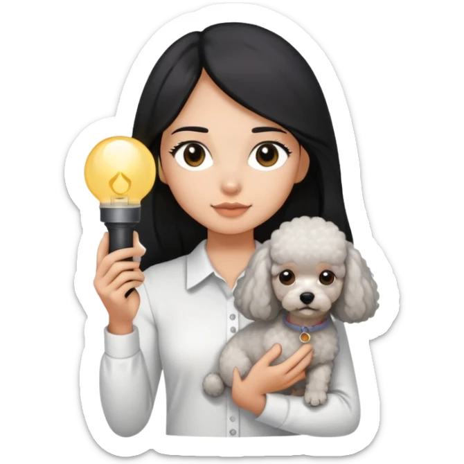 A girl with long straight hair and a white shirt is holding a small light gray poodle sticker