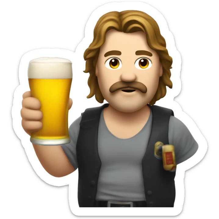 slightly fat man with long hair and a mullet cut with a mustache and a beer in his hand, the man stop fire sticker