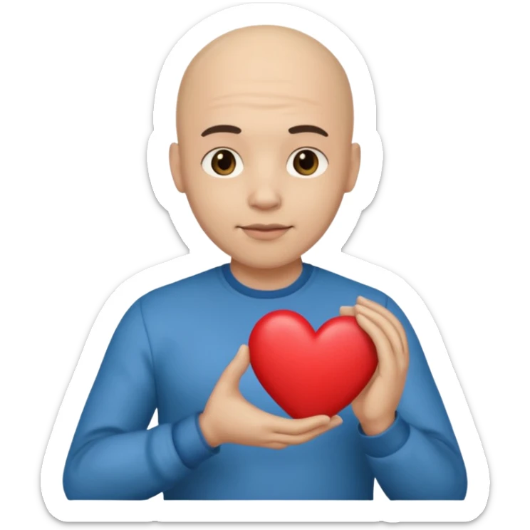 Bald light skin man and light skin, long dark hair, holding a heart sticker