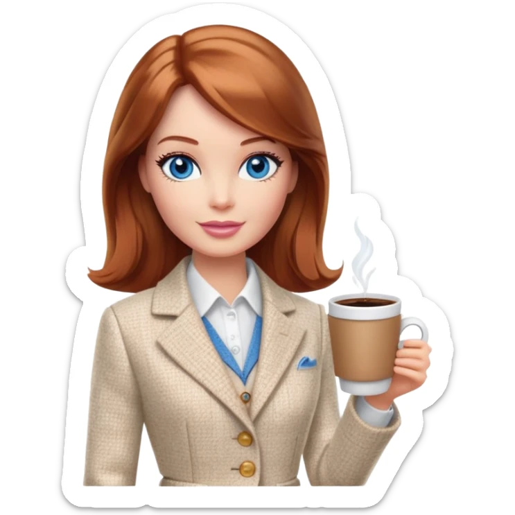 A Barbie girl with blue eyes, shoulder-length reddish-brown hair, made-up, wearing a white tweed jacket and a beige skirt, is sitting at a table with a cup of coffee in her hands sticker