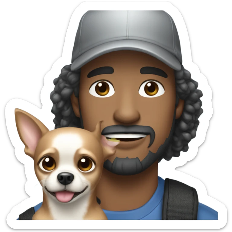 man with blue eyes gray hair and goatee wearing ball cap holding chihuahua with long black hair sticker