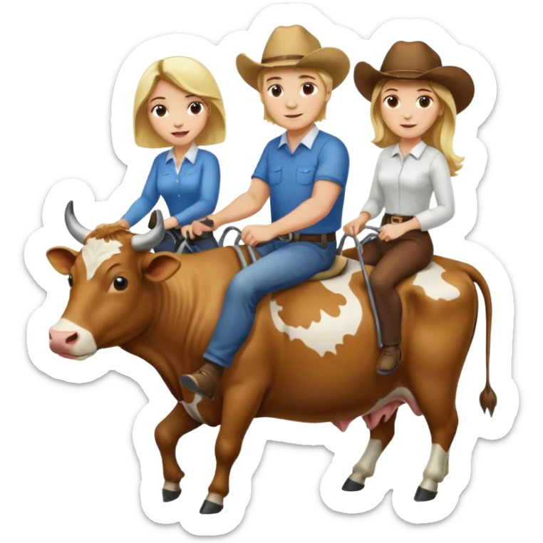 Do a man and a woman riding cows , the man is blond and woman a brunette sticker