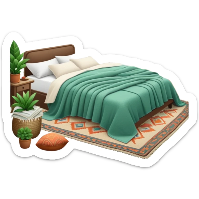 cozy modern boho bedroom with many houseplants, layered rugs, and piles of textured blankets and pillows sticker