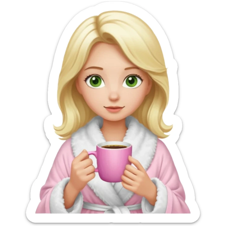 Green eyes blonde girl drinking coffe in a pink mug with a fluffy white robe sticker